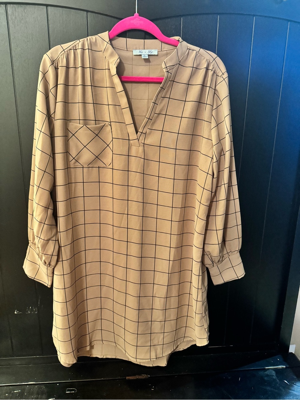 She + Sky Tan Windowpane V-Neck Tunic